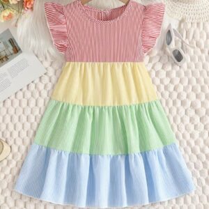 Girls’ Colorblock Striped Flutter Sleeve Dress