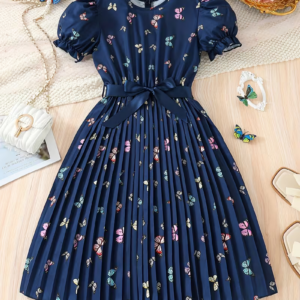 Girls' Bubble Sleeve Butterfly Print Pleated Belted Dress with Button