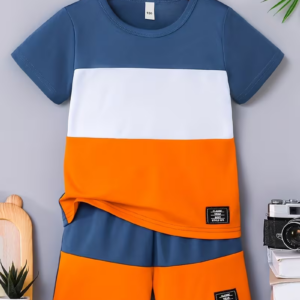 2pcs Boys' Color Block Shorts Set with Tag Design