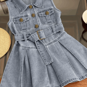 Faux Denim Pleated Sleeveless Dress for Girls