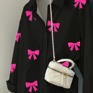 Elegant Bow Print Long-Sleeve Loose Fit Casual Shirt