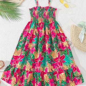 Girls' Summer Floral Print Smocked Waist Sleeveless Dress