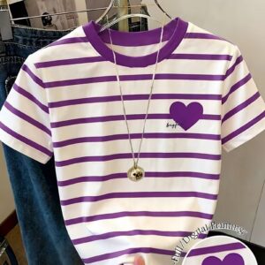 Girls’ Heart Print Contrast Stripe T-Shirt