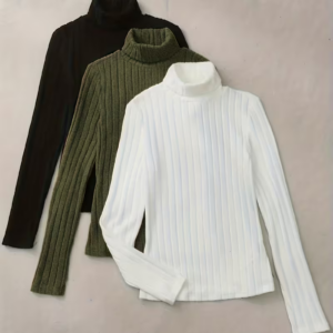 3pcs Women's High-Neck Long-Sleeved Fitted T-Shirt Set