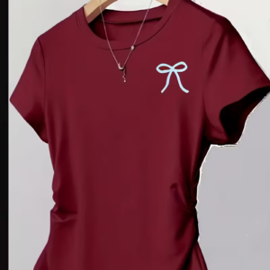 Burgundy Sexy Fitted T-Shirt with Bow Print