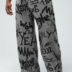 Casual Pants in Dark Gray with Drawstring And Graffiti Design