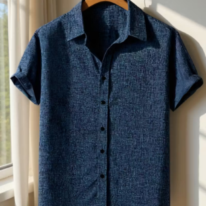 Men'S Short-Sleeve Casual Shirt with a Small Stand-Up Collar