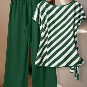 Round-Neck Striped Top And Solid-Color Pants Set
