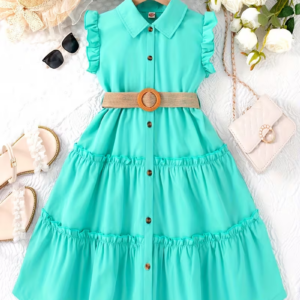 Girls' Button Open Ruffle Solid Color Midi Dress