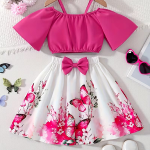 Girls' Off the Shoulder Top with Floral Print Skirt Set